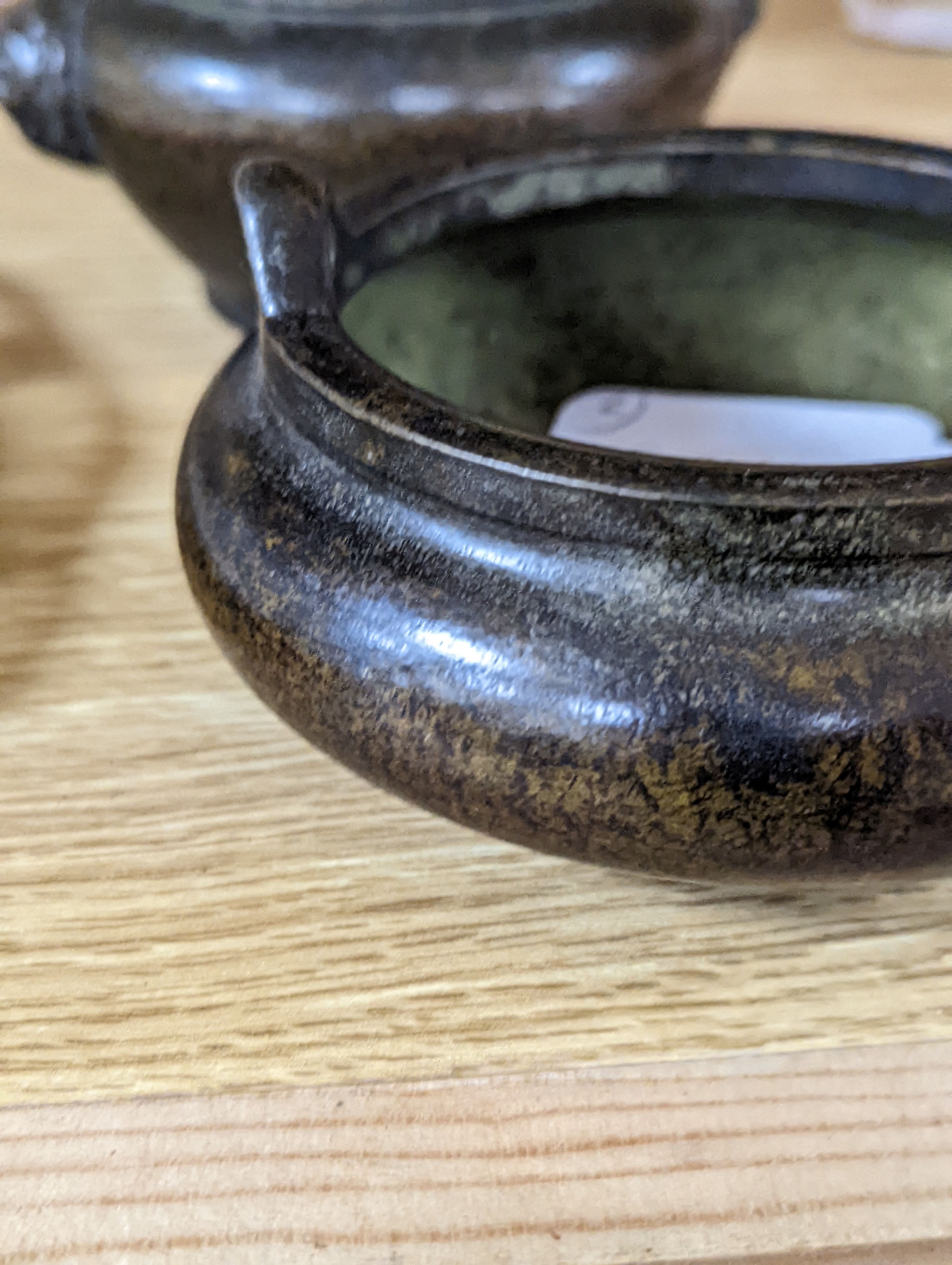 A Chinese bronze tripod censer and a Chinese bronze censer and cover 11cm